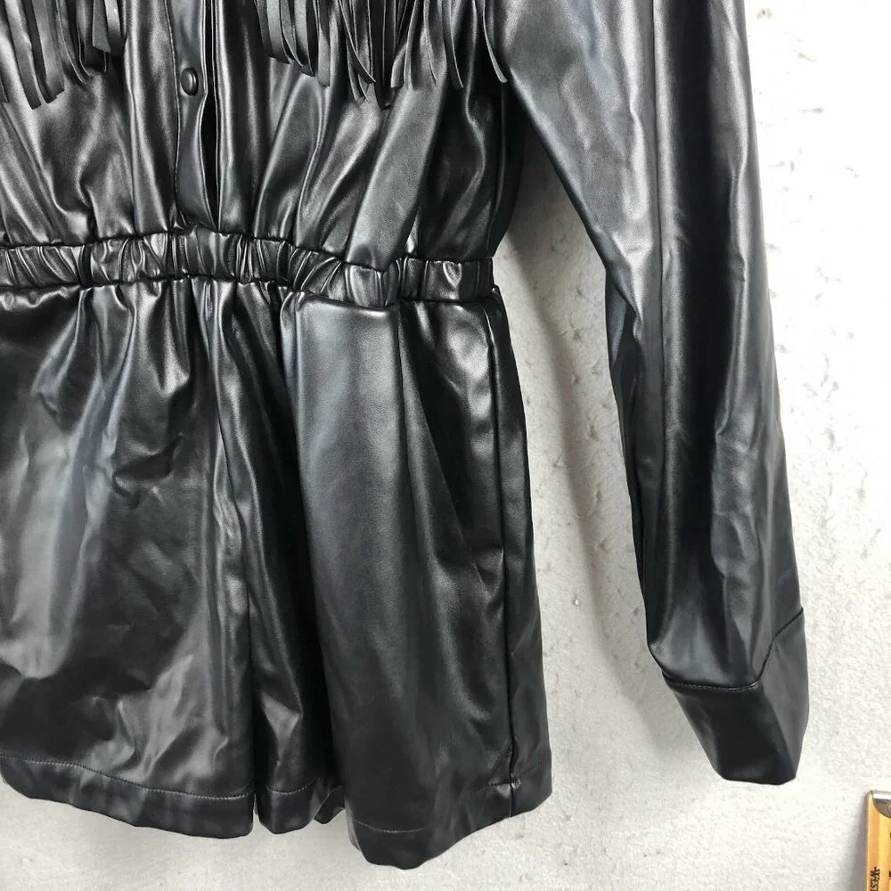 Strut and Bolt Mini Romper Womens S Black Vegan Leather Fringe Rock Punk NEW